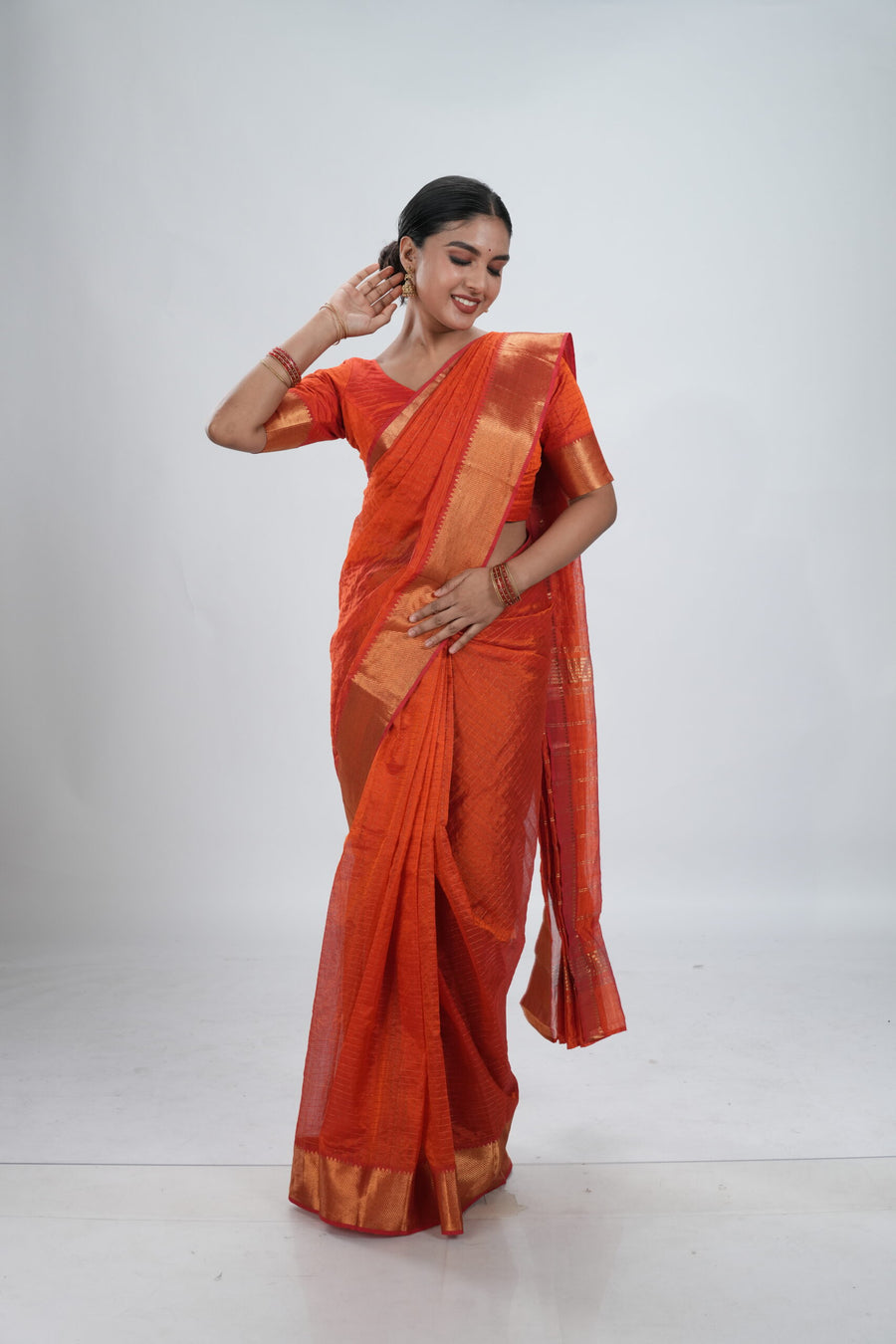 Vermillion Orange Mangalgiri Silk Saree image 0