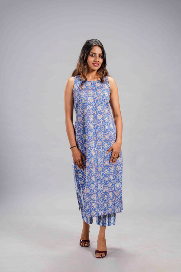 Azure Vine Sanganeri Sleeveless Kurta Set image 0