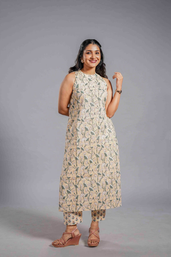 Ivory Vine Sleeveless Cotton Kurta Set image 0