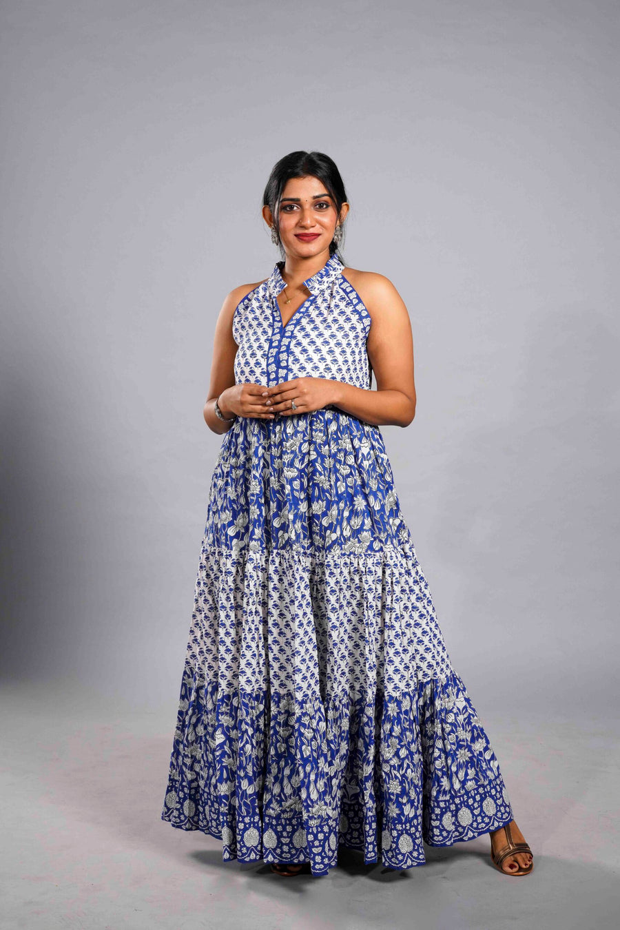Indigo Blossom Tiered Sanganeri Dress image 0