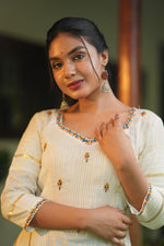 White Kasavu With Floral Embroidery image 1