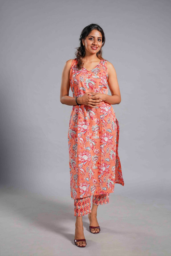 Coral Bloom Sanganeri Sleeveless Kurta Set image 0