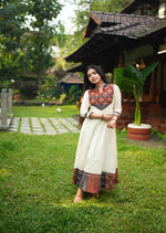 White kasavu Anarkali With Ajrakh Patch image 0
