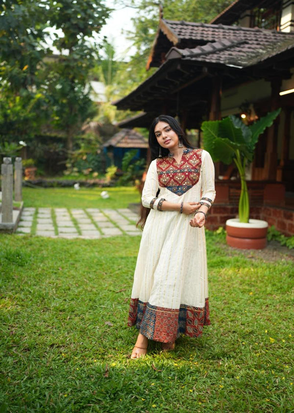 White kasavu Anarkali With Ajrakh Patch image 0