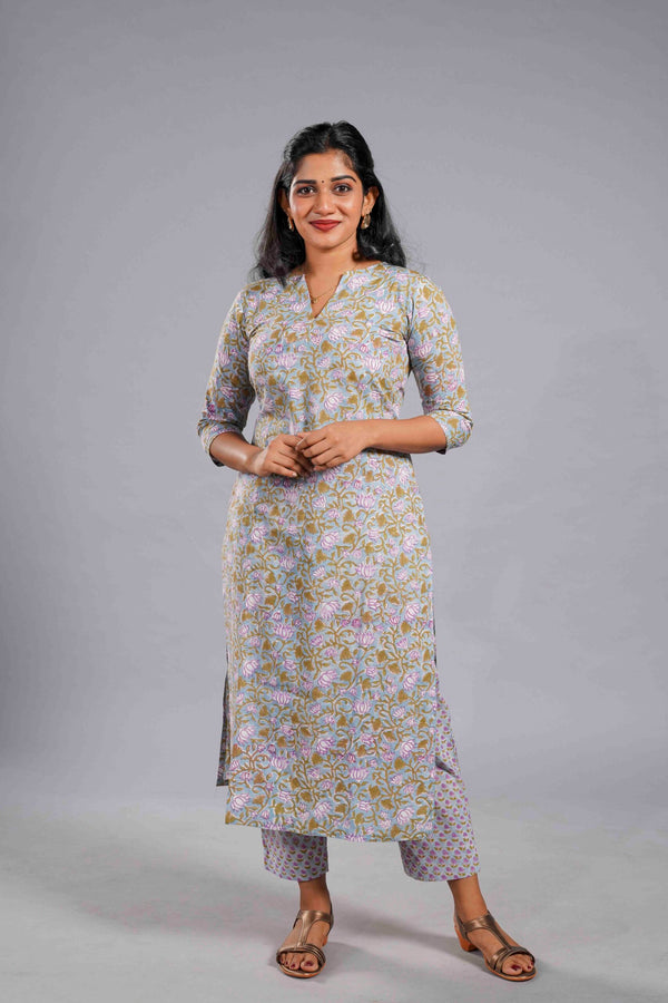 Pastel Sanganeri Vine Kurta Set image 0